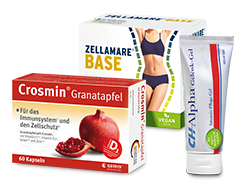 Crosmin, Zellamare Base und CH-Alpha Gelenkgel Produktverpackungen